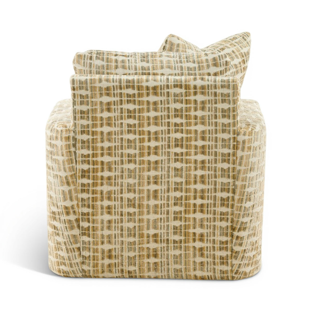 Upholstered accent chair with textured beige fabric and tan woven grid pattern pillows.