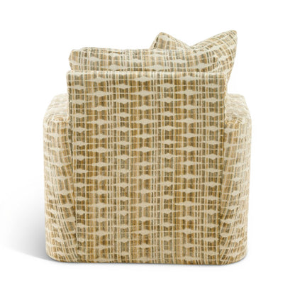 Upholstered accent chair with textured beige fabric and tan woven grid pattern pillows.