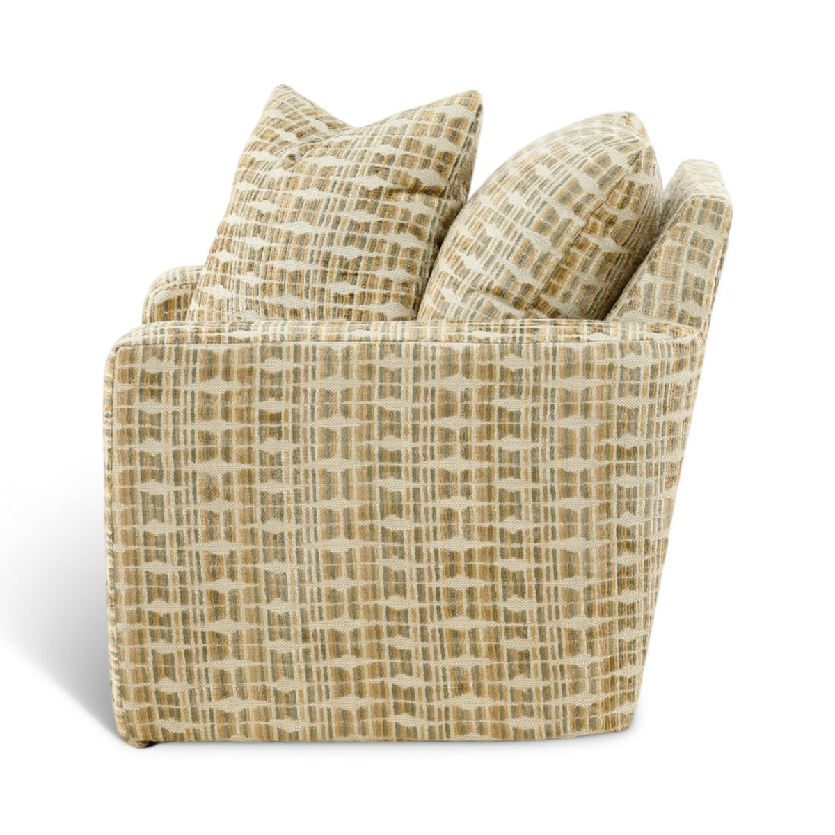 Accent chair with rolled arms and beige fabric featuring tan woven grid pattern.