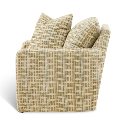Accent chair with rolled arms and beige fabric featuring tan woven grid pattern.