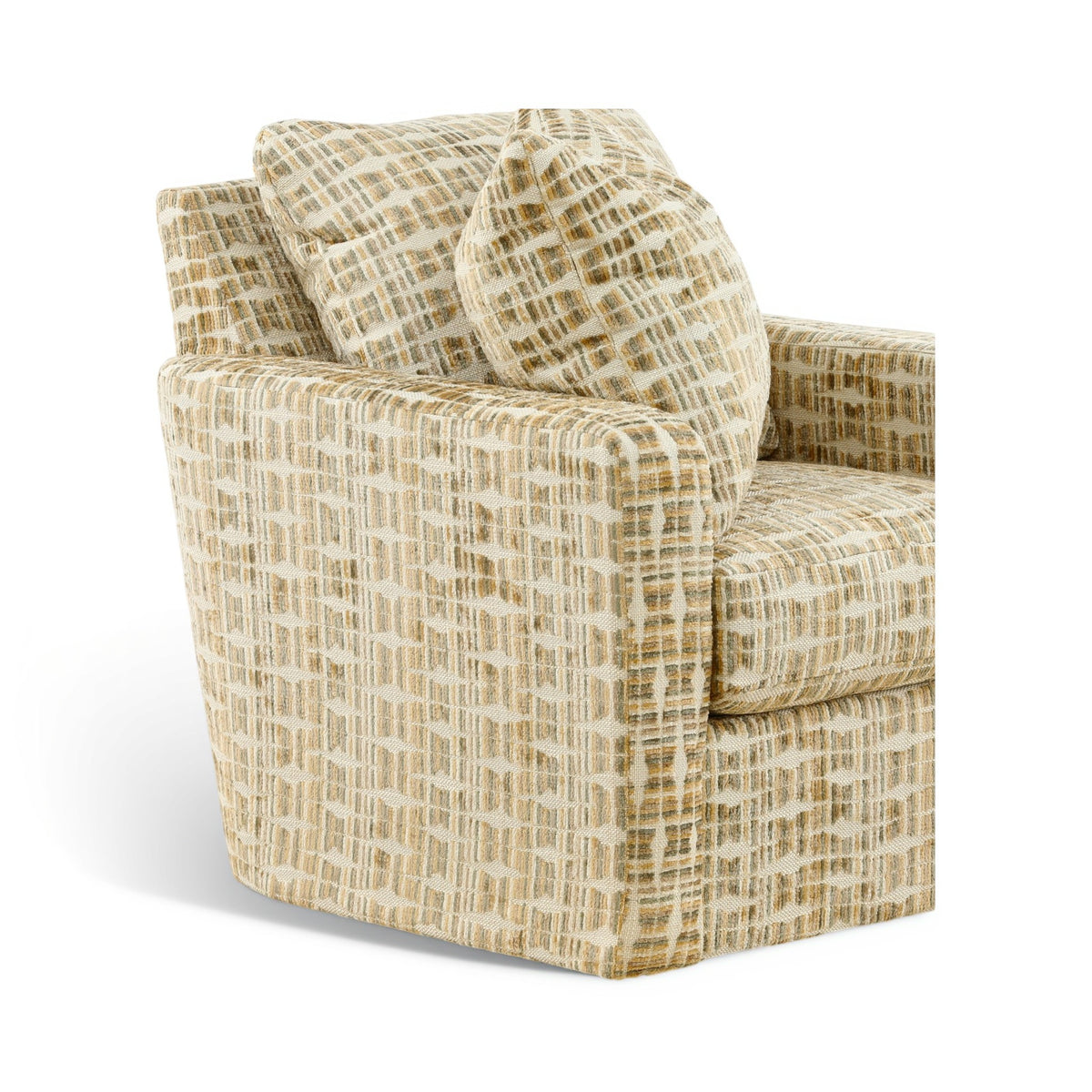 Accent chair with square arms and seat, beige woven fabric with tan grid pattern.