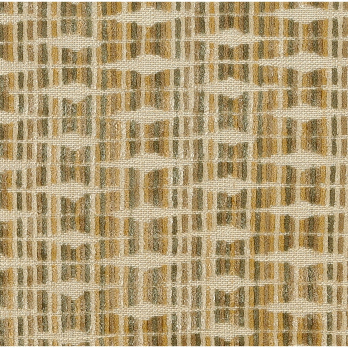 Close-up of beige woven upholstery fabric with tan interlocking grid pattern texture.