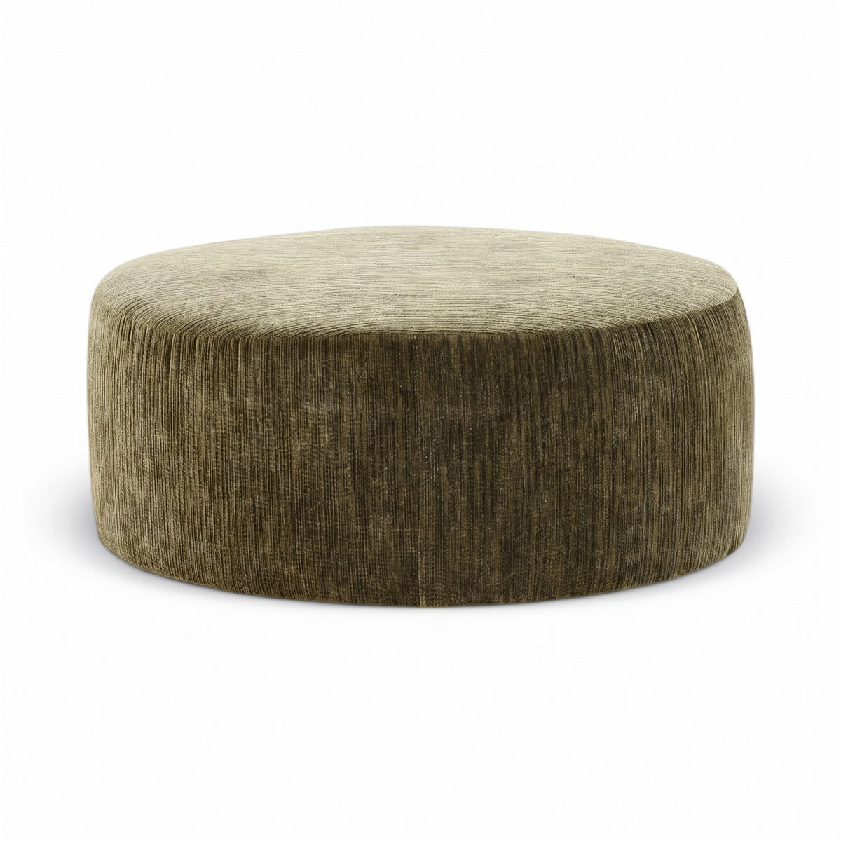 Round accent ottoman with olive green upholstered fabric and stitched top