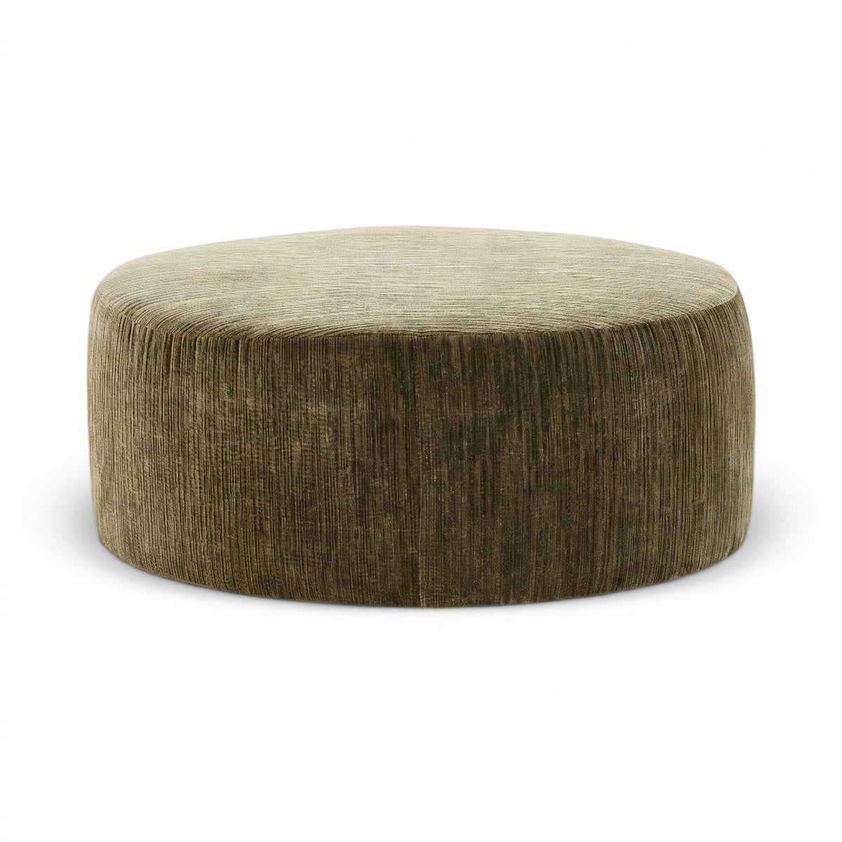 Round accent ottoman in olive green woven fabric, low profile