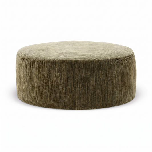 Round accent ottoman in olive green woven fabric, low profile