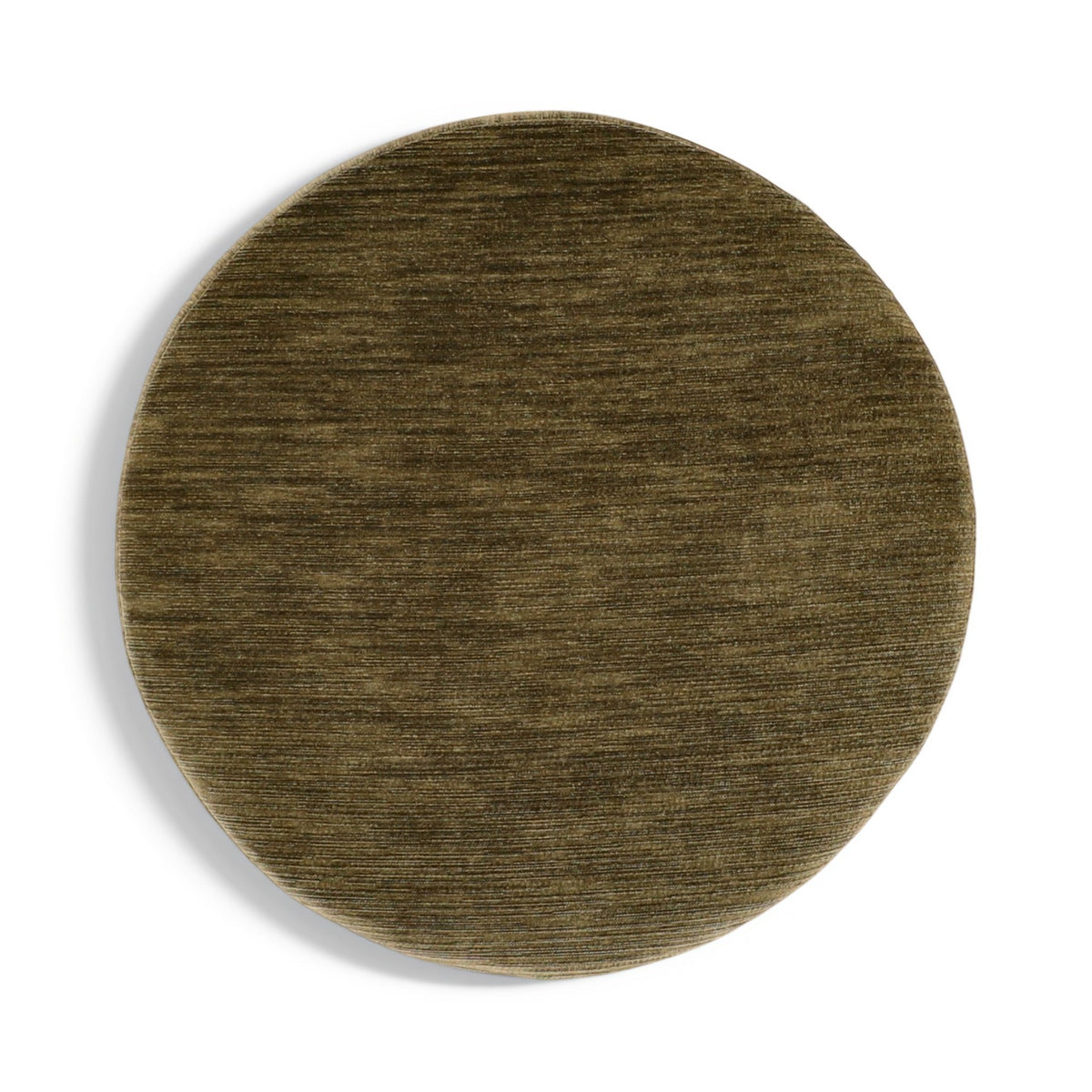 Top view of round accent ottoman in olive green woven upholstery