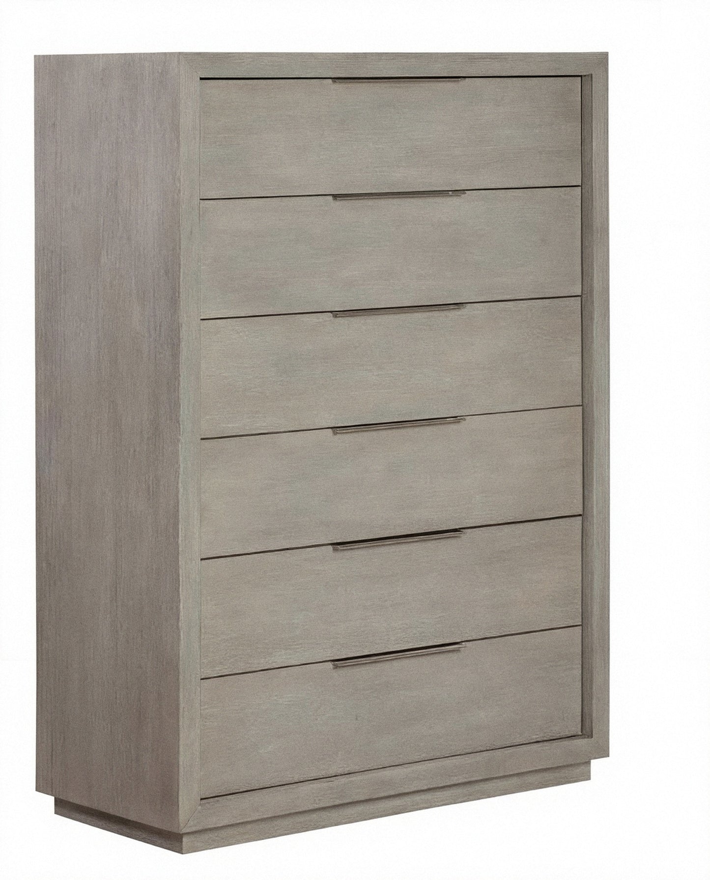 Gray 6-drawer chest with long bar handles, angled view