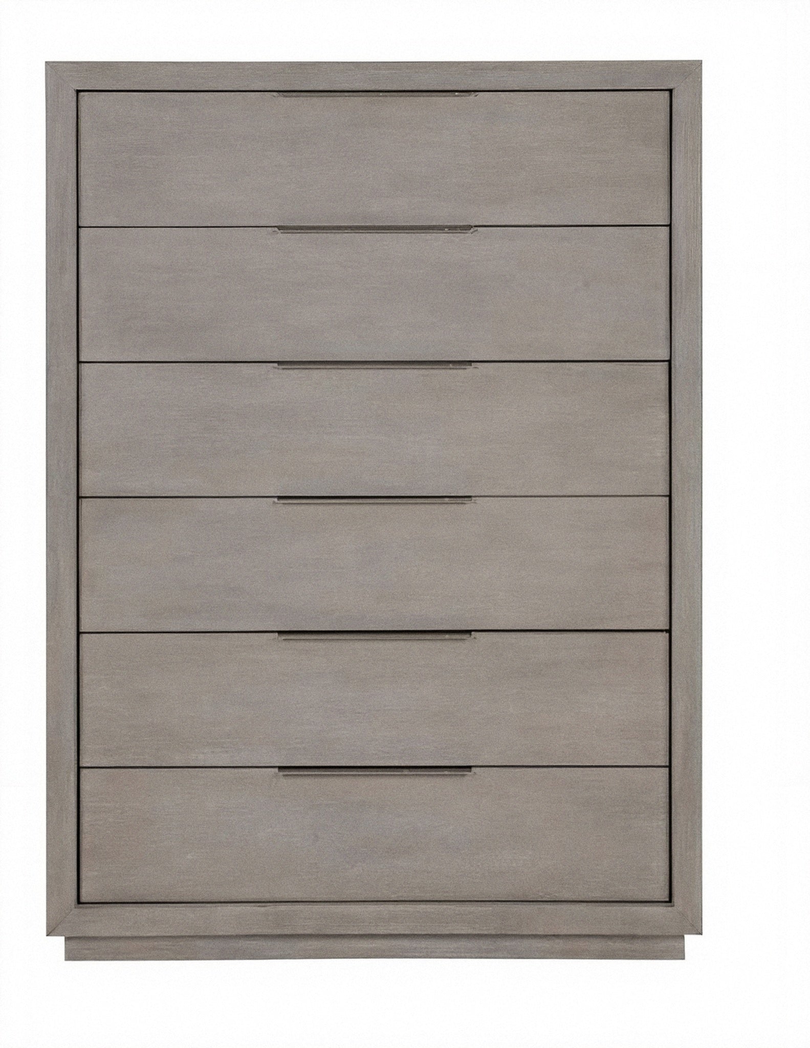 Front view of gray 6-drawer chest with bar handles