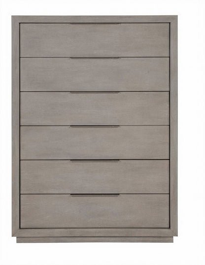 Front view of gray 6-drawer chest with bar handles