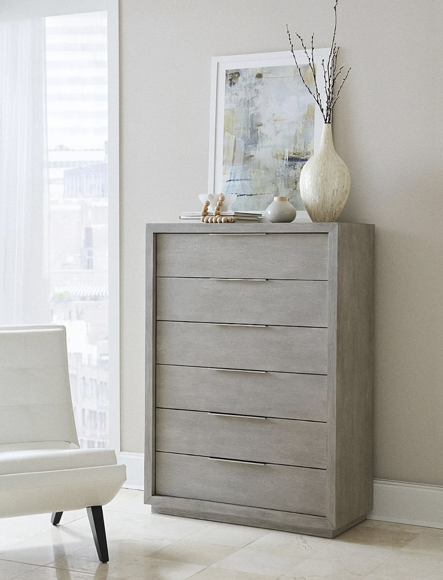 Soho 6-drawer chest in gray with long bar drawer pulls, front view