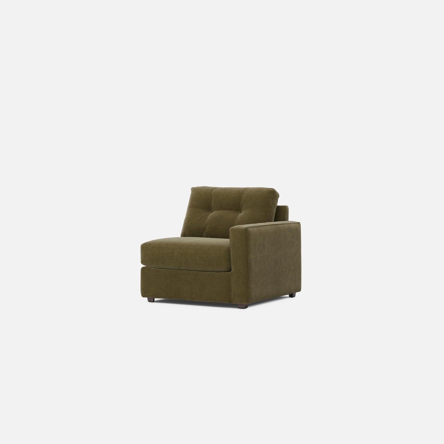Olive modular lounge chair with padded arms and back, squared seat, low profile