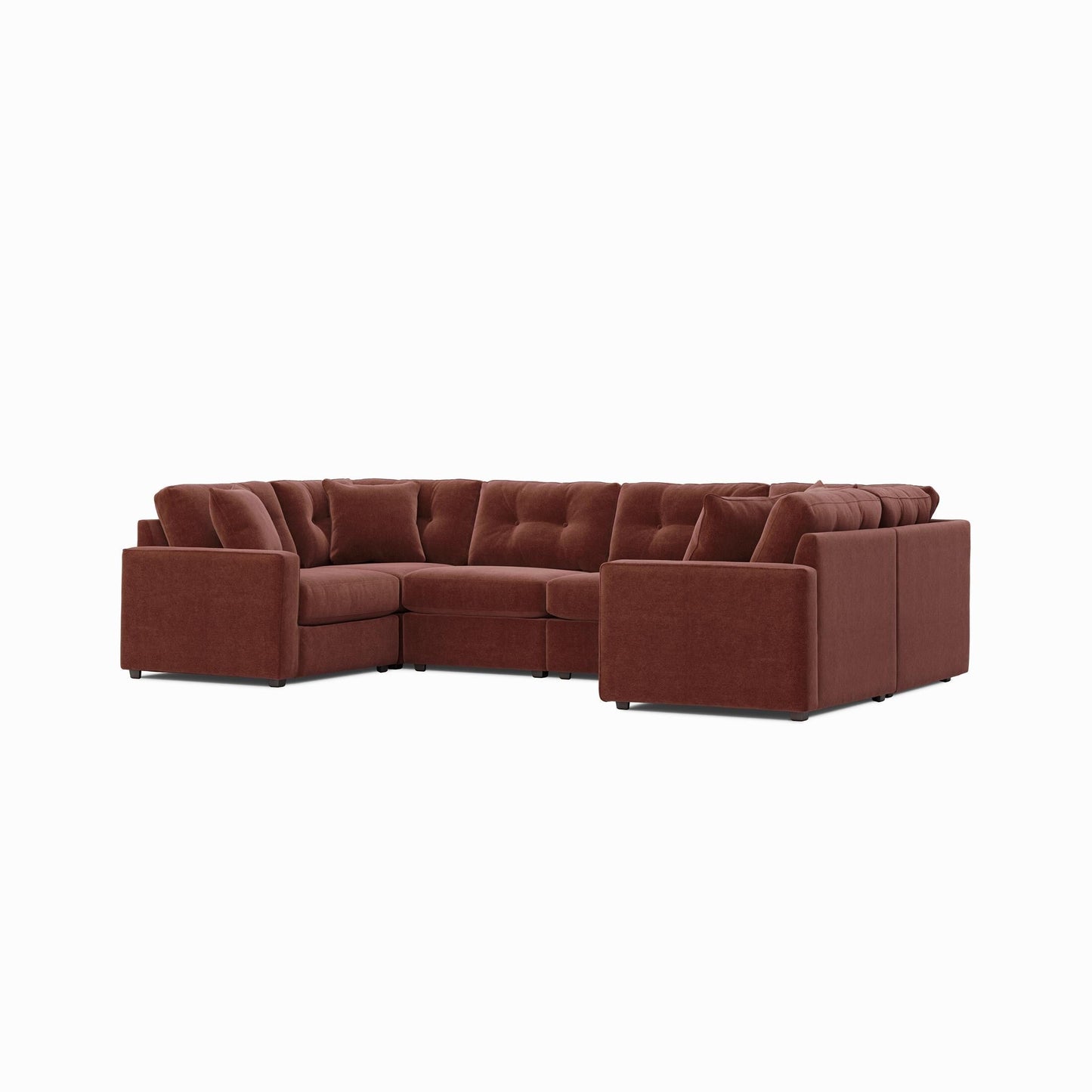 Dark red modular sectional sofa with tufted back, square arms, chaise corner