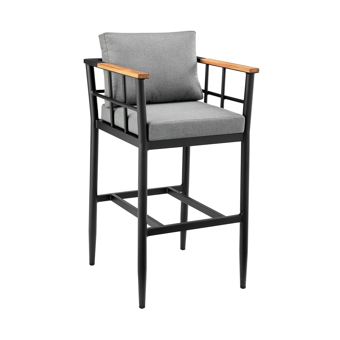 Wiglaf Outdoor Patio Bar Stool in Aluminum and Teak with Gray Cushions