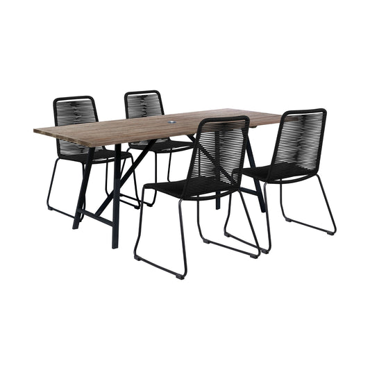 Koala and Shasta 5 Piece Outdoor Patio Dining Set in Light Eucalyptus Wood and Black Rope