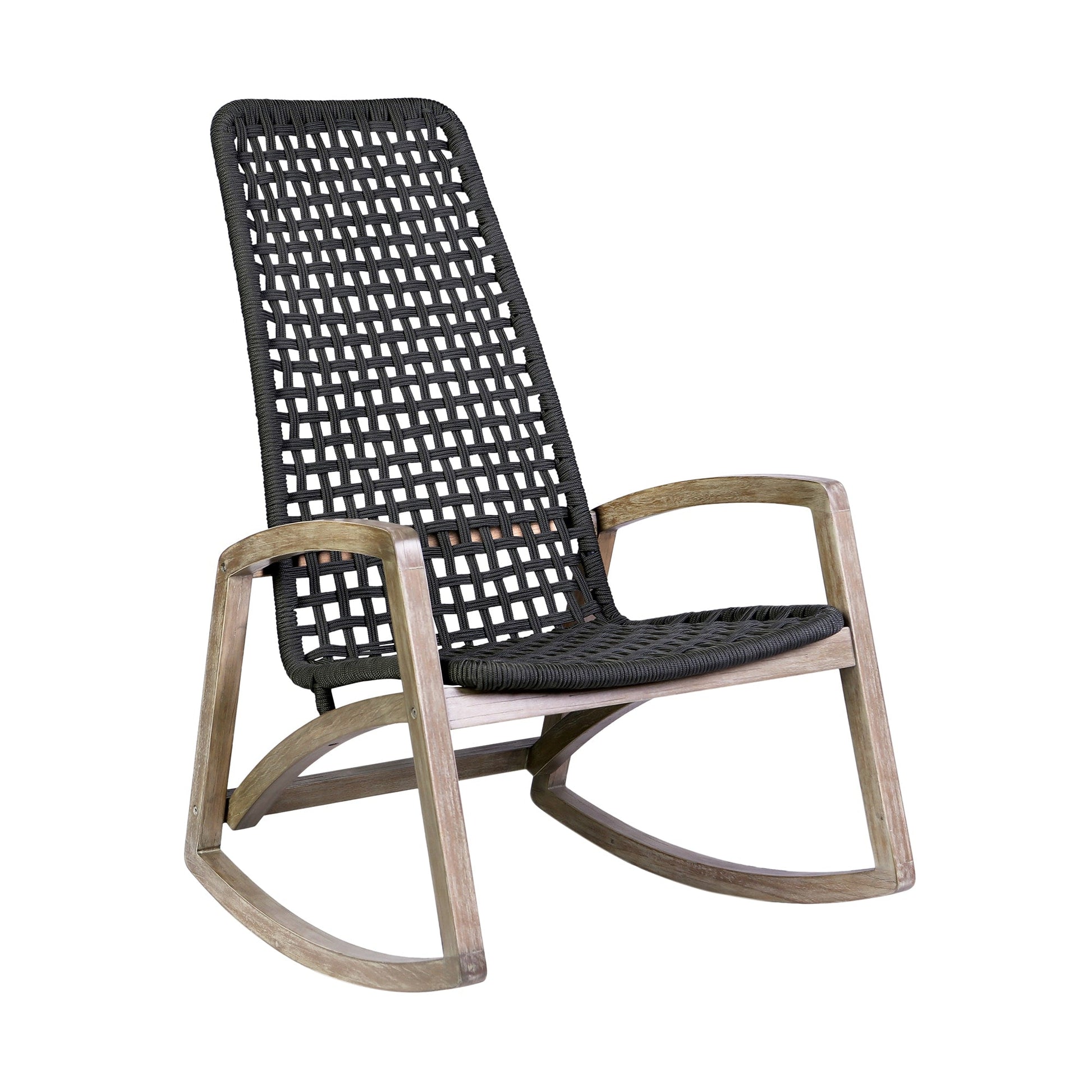 Sequoia Outdoor Patio Rocking Chair in Light Eucalyptus Wood and Charcoal Rope