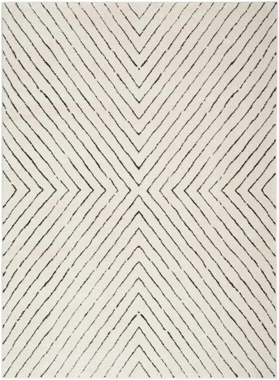5'3" x 7' rug with ivory background and black zigzag chevron pattern.
