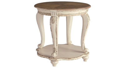 Realyn end table with round dark wood top and distressed white cabriole legs