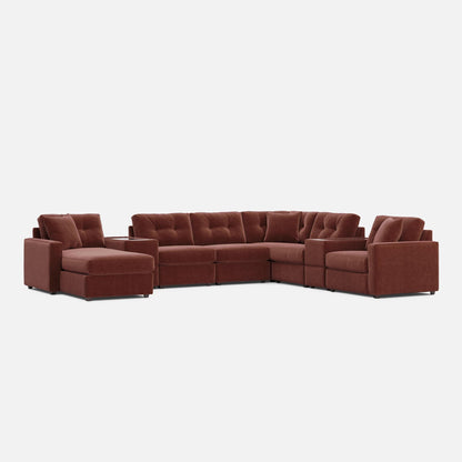 8-piece modular sectional sofa in merlot fabric with chaise and padded seat cushions.