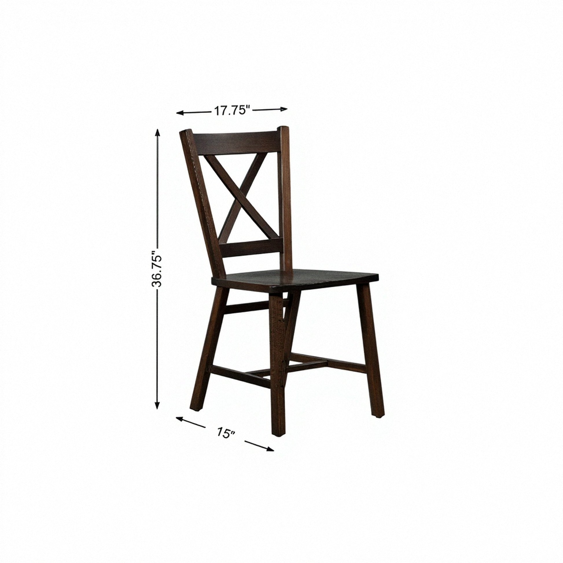 Brown wooden X-back side chair with straight legs and cross-brace support