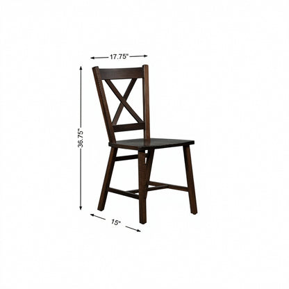 Brown wooden X-back side chair with straight legs and cross-brace support