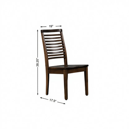 Brown wooden ladderback side chair with slatted back and four straight legs