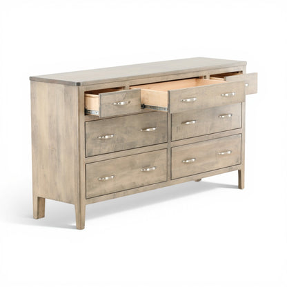 Artisan dresser with several drawers open, revealing drawer slides and wood lining