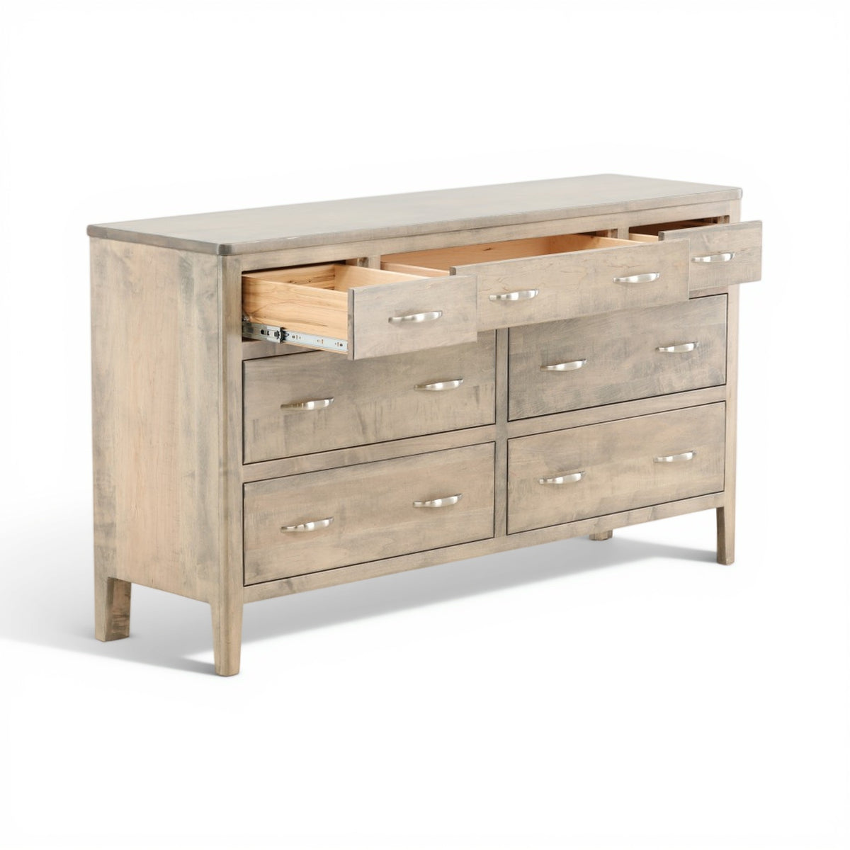 Artisan dresser angled view with open drawers and light wood interior compartments