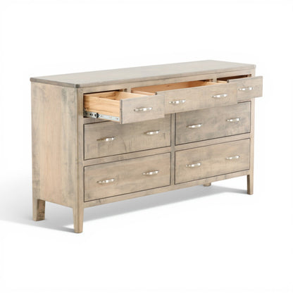 Artisan dresser angled view with open drawers and light wood interior compartments