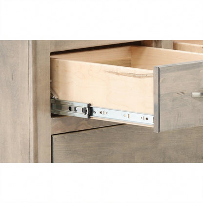Artisan dresser close-up of drawer slide rail and metal mounting hardware