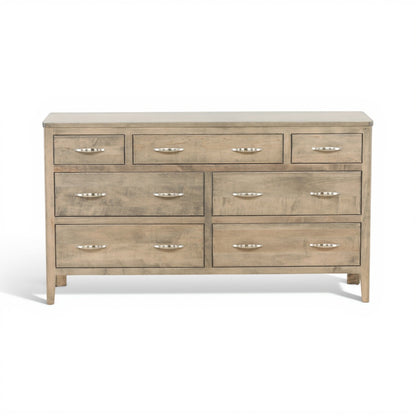 Artisan dresser with multiple wood drawers and silver bar pulls