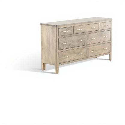 Artisan dresser angled view with wood drawer fronts and silver bar handles