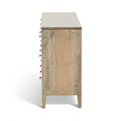 Artisan dresser side view with stacked metal hardware detail