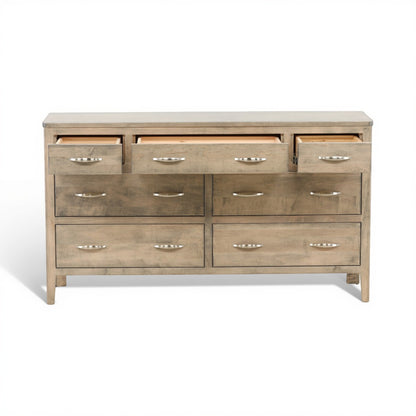 Artisan dresser front view with cabinet drawers and silver bar handles