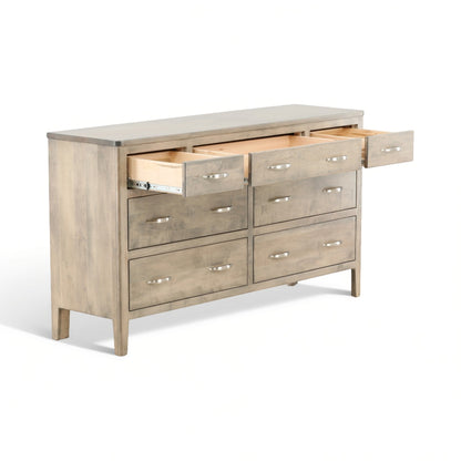 Artisan dresser with drawers open, showing light wood interiors and rails