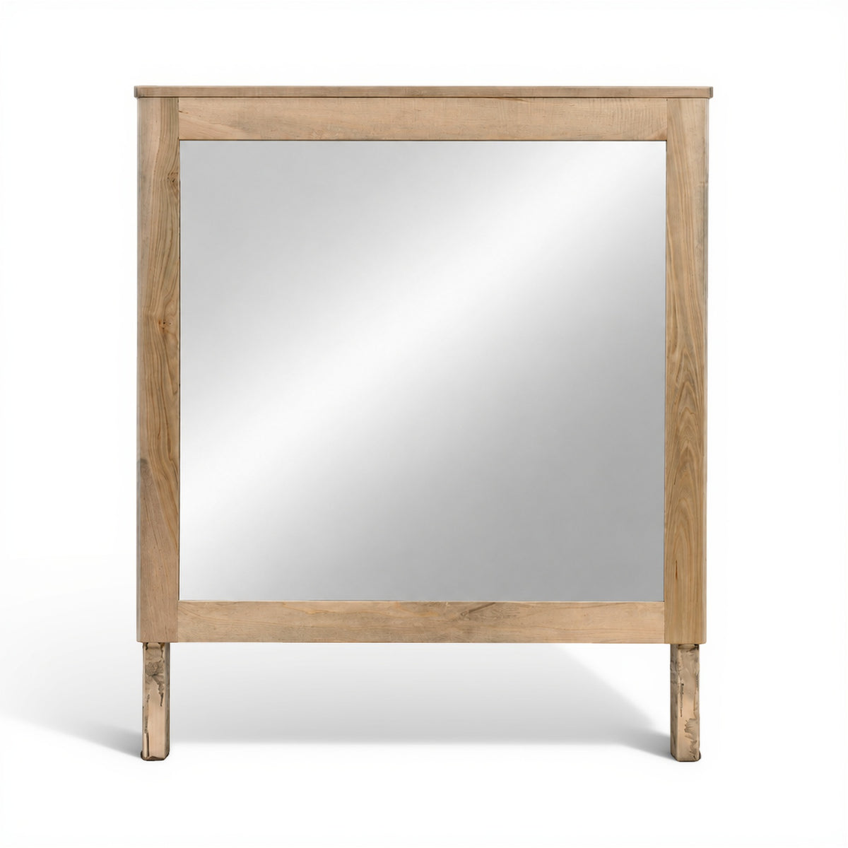 Wood-framed bedroom mirror with rectangular glass, top rail, and simple legs
