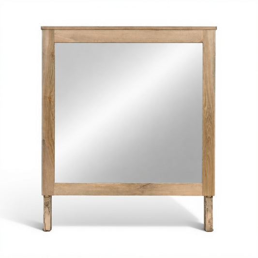 Wood-framed bedroom mirror with rectangular glass, top rail, and simple legs