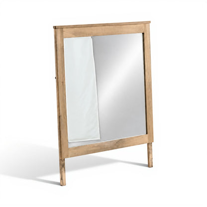 Rectangular wood-framed mirror standing upright, back panel visible from the side