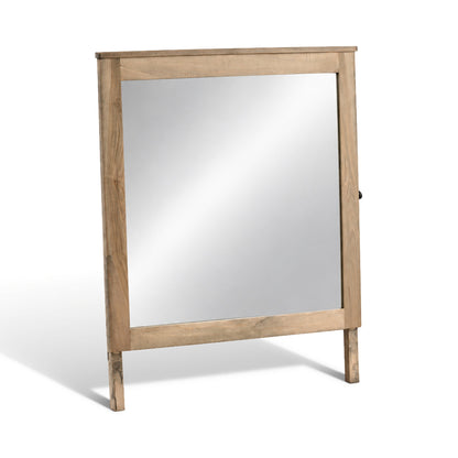 Wood-framed rectangular mirror on four angled legs