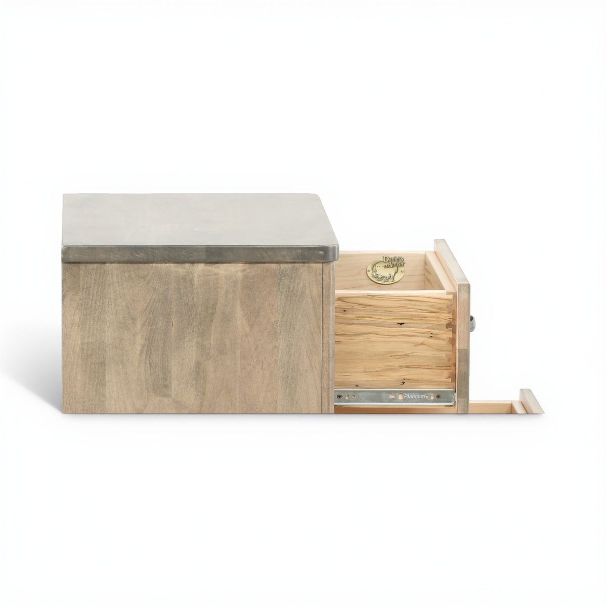 Nightstand with open top compartment and pull-out drawer, side view