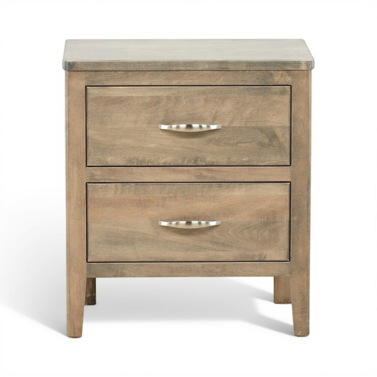 Two-drawer wooden nightstand with metal bar pulls and square legs