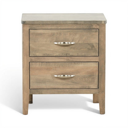 Two-drawer wooden nightstand with metal bar pulls and square legs