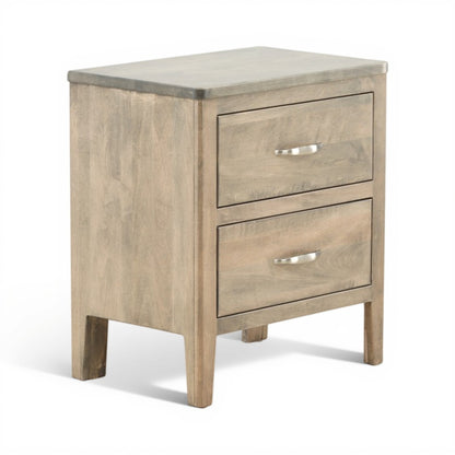 Rectangular wooden nightstand with two drawers and silver bar handles, side view