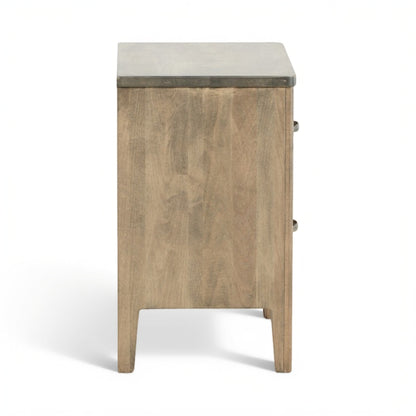 Solid wood nightstand with side panel hardware, vertical corner view
