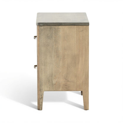 Solid wood nightstand with open side storage space, angled front view