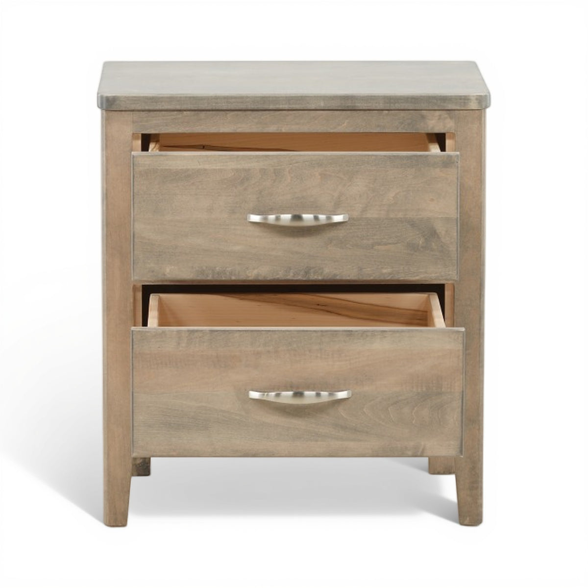 Wood nightstand with two drawers open, showing inner storage and metal bar pulls
