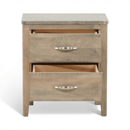 Wood nightstand with two drawers open, showing inner storage and metal bar pulls