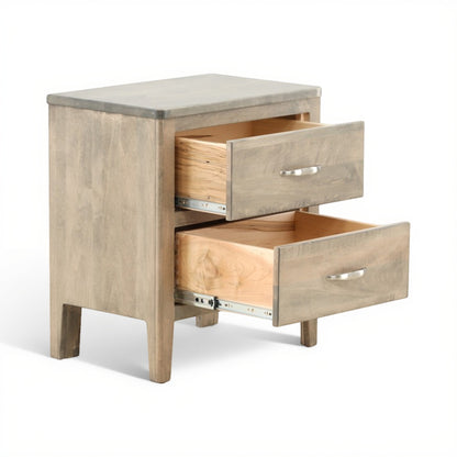Nightstand with drawers pulled out, revealing light wood interior and metal pulls