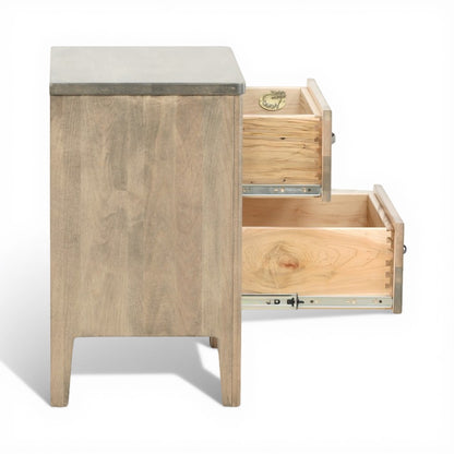 Wood nightstand with side panel open to reveal sliding drawers and hinges