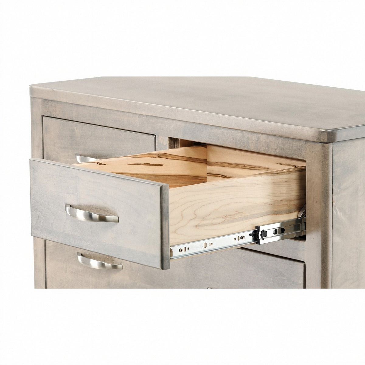 Chest of drawers open drawer view with light wood interior and metal slides hardware