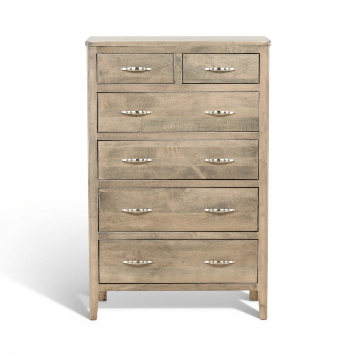 Artisan chest of drawers with six drawers and metal bar pulls, distressed light-brown finish